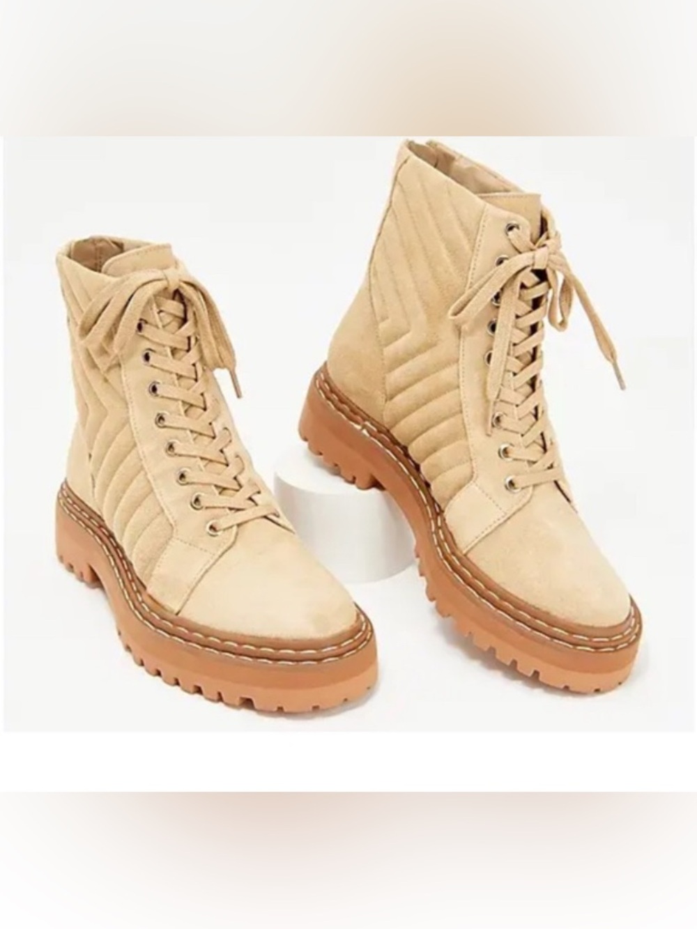 Vince Camuto Quilted Tan Lace-Up Combat Boots